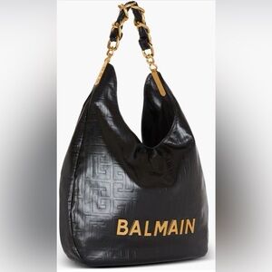 Balmain 1945 Soft Monogram Embossed Black Leather Logo Hobo Bag with Gold Chain